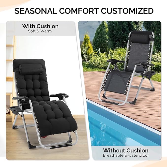 VINGLI Padded Zero Gravity Chair, Lounge Chair with Removable Cushion & Tray, Folding Reclining Patio Chairs, Recliner Chair for Lawn,Indoor Outdoor-Black