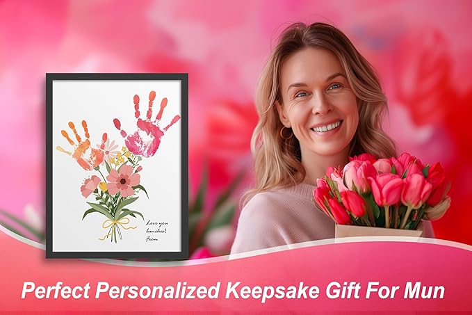 TwoDays Flower Bouquet Handprint Art Craft DIY Kit, Unique Gifts for Mom from Daughter or Son for Mother's Day Birthday Christmas, Gift for Grandma. (Floral-1, Black)