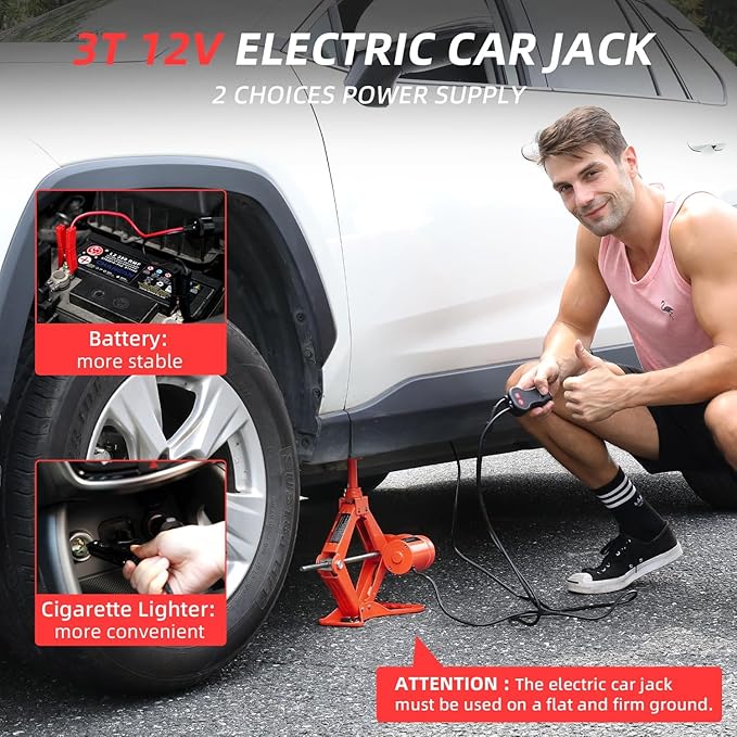 STANDTALL Electric Car Jack 3T Scissor Floor Jack Set 12V Automatic Vehicle Lift Kit for Road Emergency Tire Change Car Repair Tool for Sedans and SUV Red