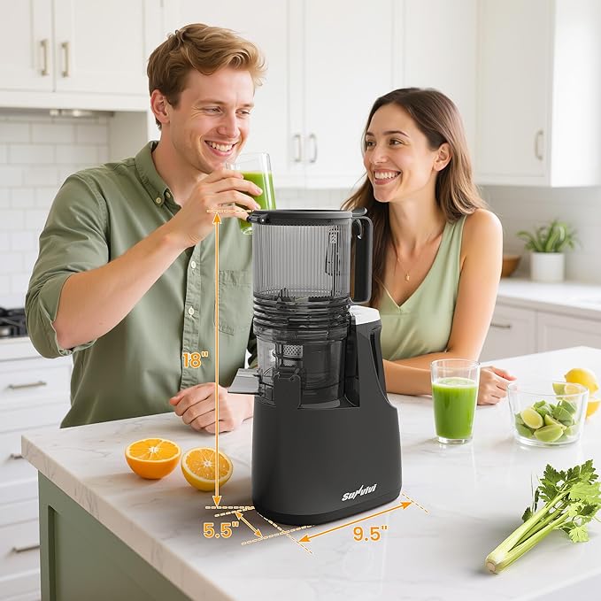 Sunvivi Cold Press Juicer with 5.9" Wide Feed Chute, 150W Slow Masticating Juicer Machines Fit Whole Vegetables & Fruits, Easy to Clean, Dual-Layer Strainer, High Yield Juicer for Home, Black