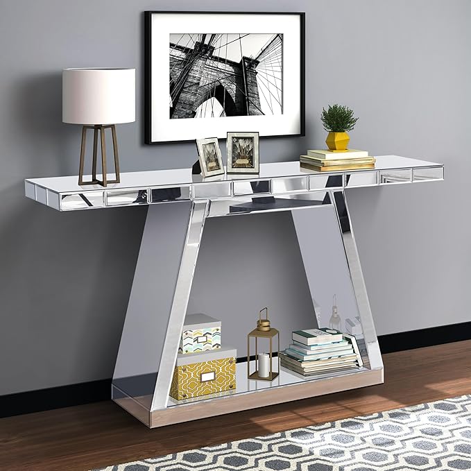 SSLine Mirror Console Table for Living Room 55" Modern Mirrored Entryway Table with Crystal Trapezoid Base Luxury Glass Foyer Tables for Entryway Hallway