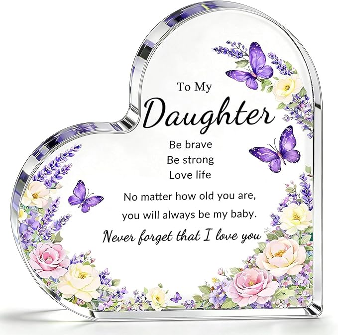 Mothers Day Gifts for Daughter, Gifts for Daughter from Mom Dad- Purple Acrylic Heart Plaque, Inspirational Adult Daughter Gift for Birthday Mother's Day Graduation