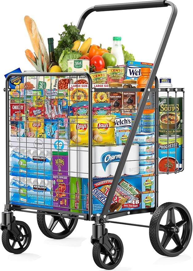 450lbs Capacity Shopping Cart,Upgrade Huge Grocery Cart on Wheels,Heavy Duty Foldable Utility Shopping Carts with Double Basket and 360° Rolling Swivel Wheels for Groceries Laundry Transport 1