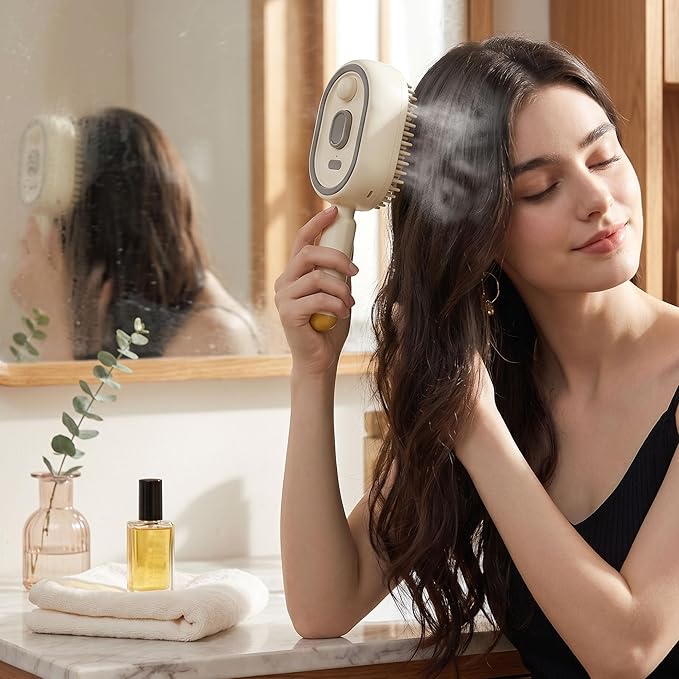 2026 Electric Steam Brush - Rechargeable Detangling Steam Hair Straightener, Reduces Frizz & Static, Nourishes Hair, Portable for Short Styles (Off-White)