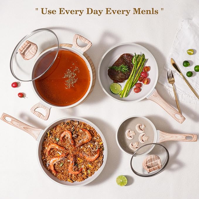 SODAY 12 Pcs Pots and Pans Set Non Stick, Cookware Sets White Granite Induction Cookware, Non-toxic Healthy Nonstick Kitchen Cooking Set with Frying Pan Set, Saucepans (PFAS/PFOA/PFOS Free)
