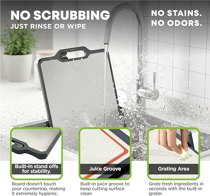 Non-toxicTitanium Cutting Board with Stand, Knife Sharpener, Grater & Storage Bag | Titanium + Wheatstraw PP Chopping Board | Healthy Kitchen Accessory for Meat, Vegetables & Fruit