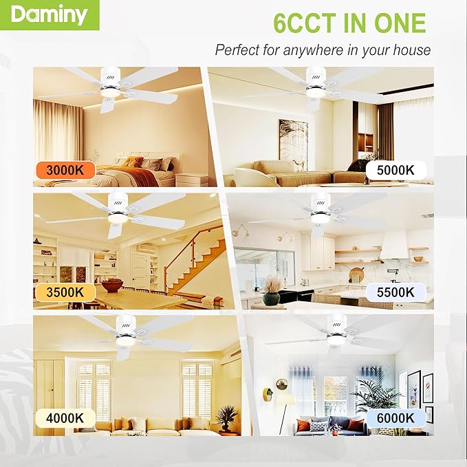 DAMINY 52 inch 5 Blades White Ceiling Fans with Lights,Flush Mount,6CCT, Low Profile Ceiling Fan with Light and Remote Control,DC Motor,Ceiling Fan for Bedroom, Kitchen,Living Room,Indoor/Outdoor Use