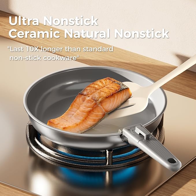 Sanho 21-Piece Pots and Pans Set, Healthy Ceramic Nonstick Cookware with Detachable Handles, Non-Toxic 4-Layer Stainless Steel & Aluminum Core, Induction RV Kitchen Set, Dishwasher & Oven Safe, Gray
