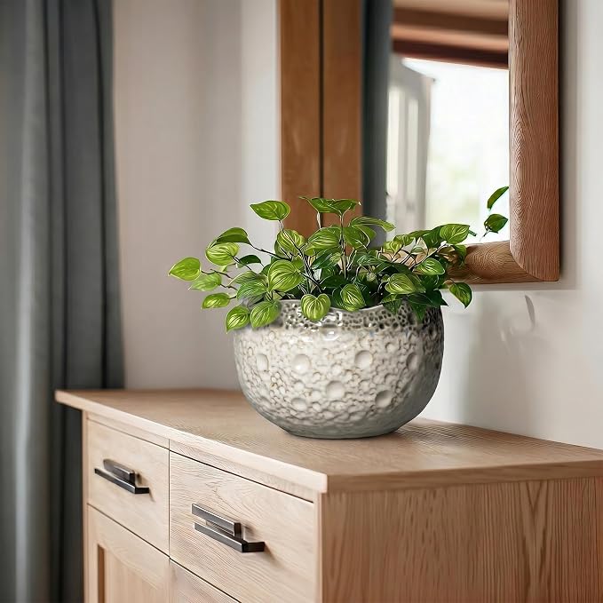 Ceramic Flower Pots - 8 Inch Plant Pots for Indoor Outdoor, Unique Round Planter with Drainage Hole and Plug, Decorative Ceramic Planter, Room Decor, House Warming Gifts, Beige-Grey