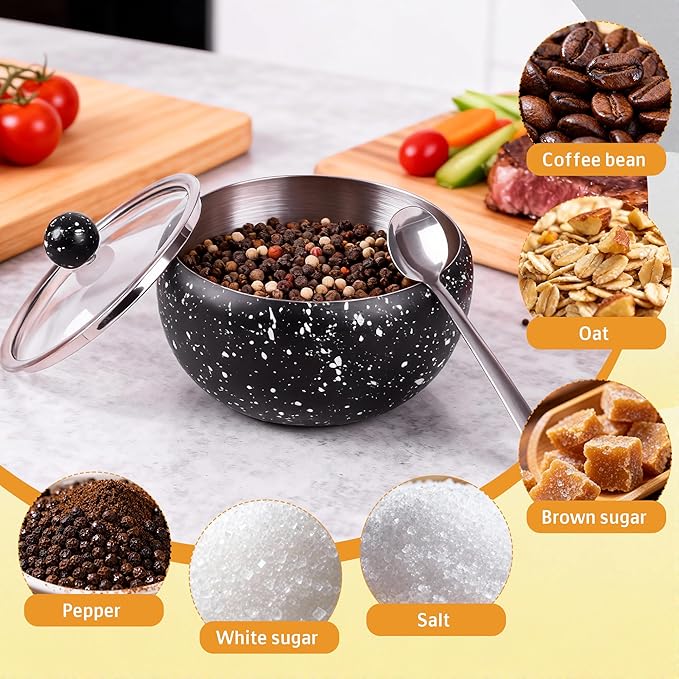 holoith Sugar Container with Glass Lid and Spoon, 16oz Snowflake pattern Stainless Steel Sugar Bowl for Coffee Bar Station Accessories Kitchen Storage for Salt, Candy, Coffee Bean (Black)