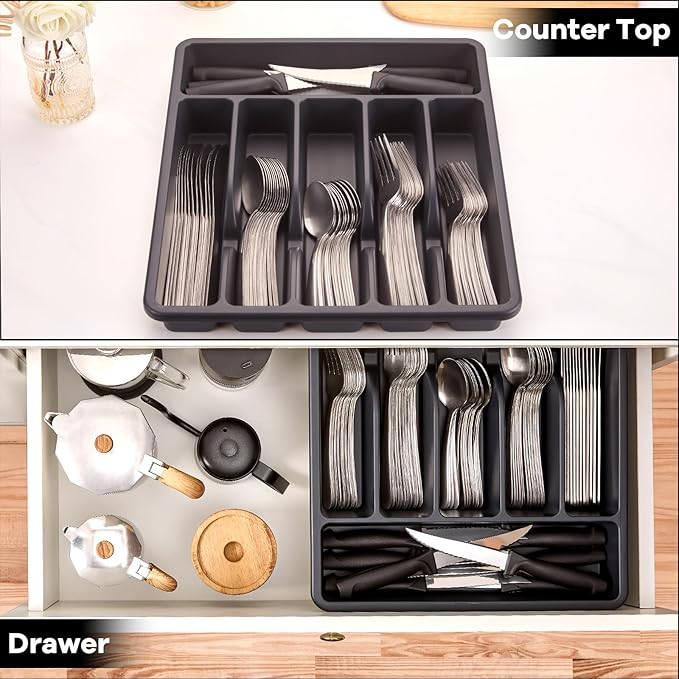73-Piece Silverware Set with Organizer, Pleafind Stainless Steel Silverware Sets for 12, Cutlery Utensil Sets with Steak Knives, Include Forks Spoons Knives & Silverware Organizer, Dishwasher Safe