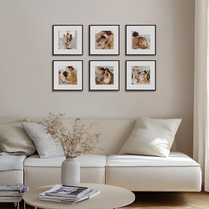 eletecpro Aluminum Gallery Wall Frame Set of 6 with Glass Cover, Black | 12 x 12 Metal Photo Frames Display 8x8 Photo with Mat or 12x12 without Mat, Picture Frame Collage Wall Decor