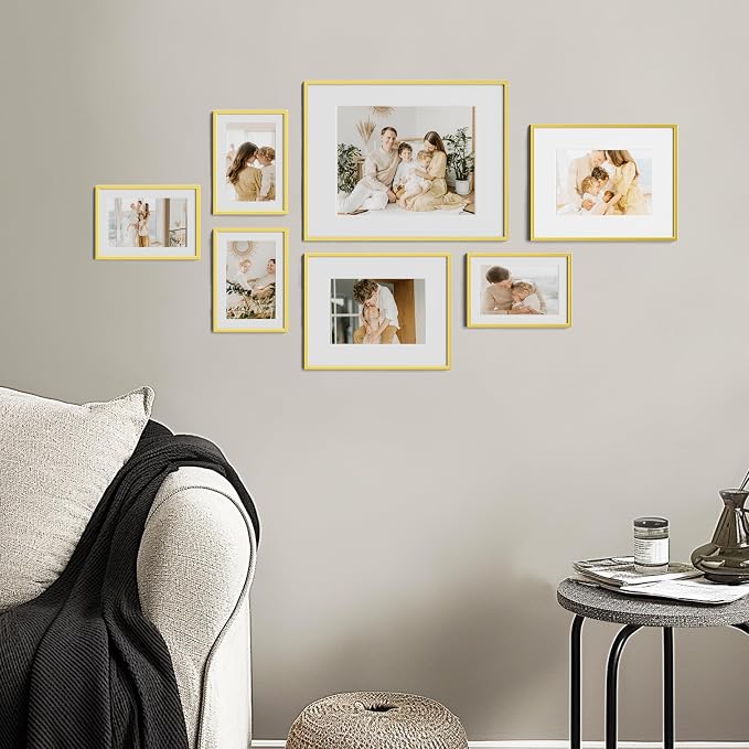 eletecpro Aluminum Gallery Wall Frame Set of 7 with Glass Cover, Gold | Including 1Pc 11x14, 2Pcs 8x10, 4Pcs 5x7 Photo Frames, Multiple Sizes Picture Frames Collage Wall Decor or Tabletop Display