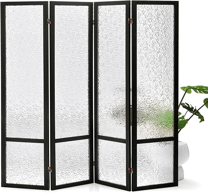 Acrylic Room Divider 4 Panel 67" Tall Room Divider and Privacy Screen with Solid Paulownia Wood Frame, Freestanding Partition Divider for Room Separation, Home, Bedroom, Office - Black