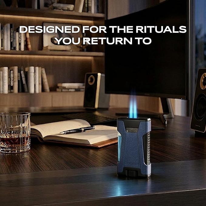 Colibri Rebel Double Torch Lighter – Wind Resistant Butane Cigar Lighter, Refillable Jet Flame with XL Fuel Tank, Adjustable Flame & Fuel Window (Midnight Navy + Black)