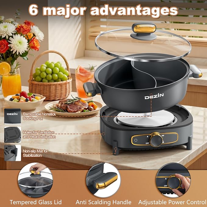 Dezin 6L Hot Pot Electric with Divider, Shabu Shabu Pot with Power Control | Removable 1500W Chinese Hot Pot, Non-Stick Hotpot with Multi-Power Adjustment, 3" Depth Double-Flavor Pot with Silicone Ladle