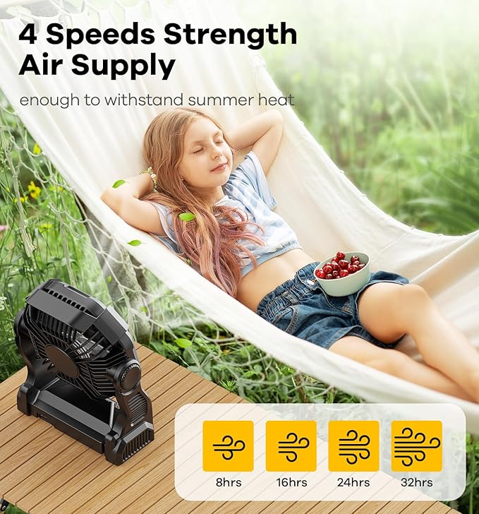 DOWILLDO 15000mAh Portable Battery Powered Camping Fan - with LED Light, Quiet Battery Operated, Camping Gear for Travel, Tent, Beach, Car or Hurricane Power Outages,Black