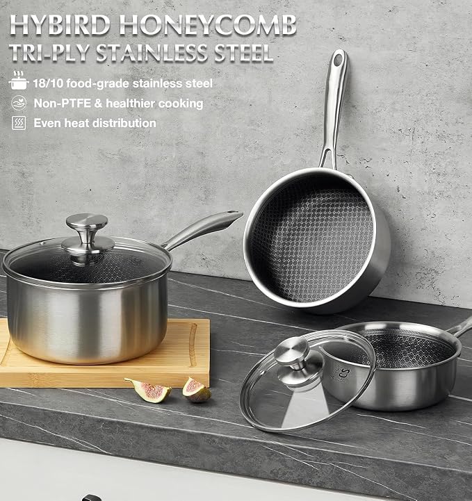 KOCH SYSTEME CS 4 Quart Saucepan With Lid, Hybrid Nonstick Stainless Steel Saucepan, Tri-Ply Stainless Steel Pot 4QT, Stainless Steel Sauce Pan with Honeycomb Interior, Large Saucepan Induction Ready
