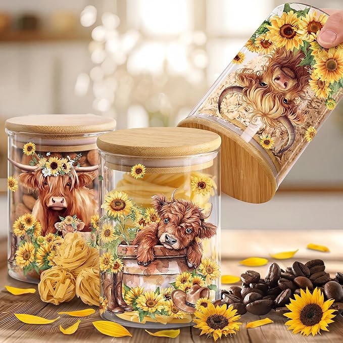 Highland Cow Clear Glass Storage Jar, Airtight Food Canister for Kitchen Countertop, Coffee Tea Sugar Cookie Spice Home Kitchen Organizers, Highland Cow Sunflower Kitchen Decor 3Pack