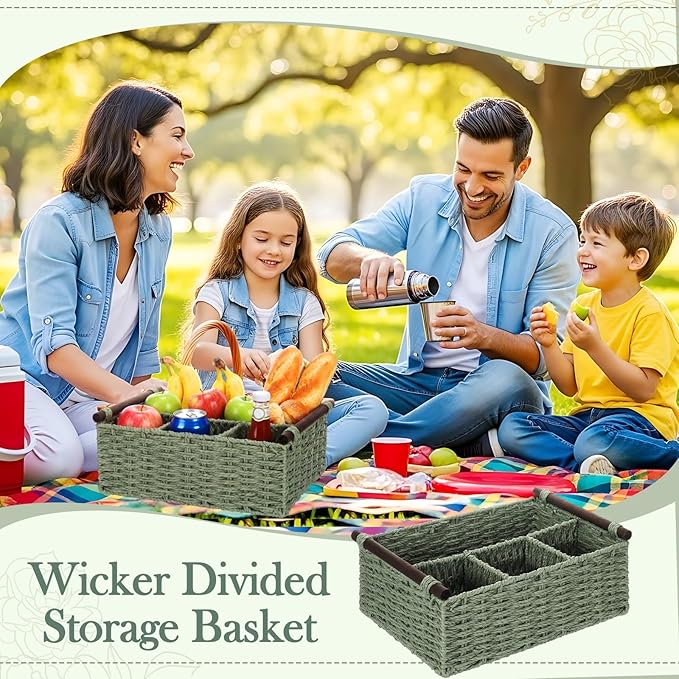 Remerry Sage Green Bathroom Countertop Organizer Caddy, Wicker-Like Divided Basket with Handle and Metal Frame, 4 Compartment, Paper Rope Storage Organizer for Vanity Kitchen (15.35 x 10.24 x 6.3 in)