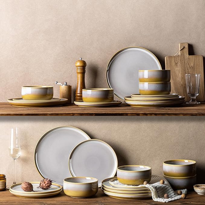 TheTerra Ceramic Dinnerware Sets for 4, 12 Pieces Handmade Reactive Glaze Plates and Bowls Set, Scratch Resistant Dish Set, Oven & Microwave & Dishwasher Safe, Autumn Haze