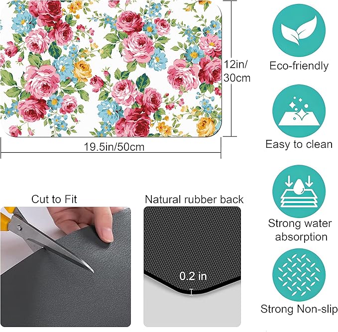Coffee Bar Mat Accessories for Countertop Pioneer Flower Absorbent Hide Stain Rubber Backed Dish Drying Mats for Kitchen Counter Draining Pad Decor Gift Fit Under Coffee Maker (20x12in)