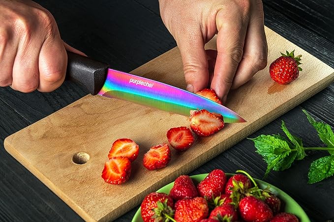 10 Pieces Iridescent Rainbow Titanium Coated Kitchen Knives Set. Includes 6 Stainless Steel Knives, Scissors, Knife Sharpener, Peeler, and Clear Acrylic Stand.