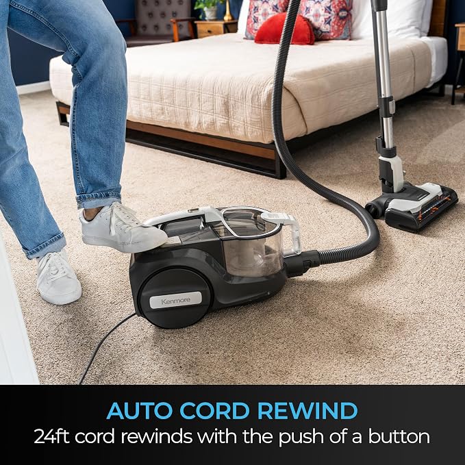 Kenmore DC5070.01 Upgrade 500 Series Bagless Canister Vacuum with Hair Eliminator Brushroll,2-Motor Cyclonic Technology, HEPA Filtration & 24' Auto Cord Rewind for Pet, Carpets, Hard Floors, Stairs
