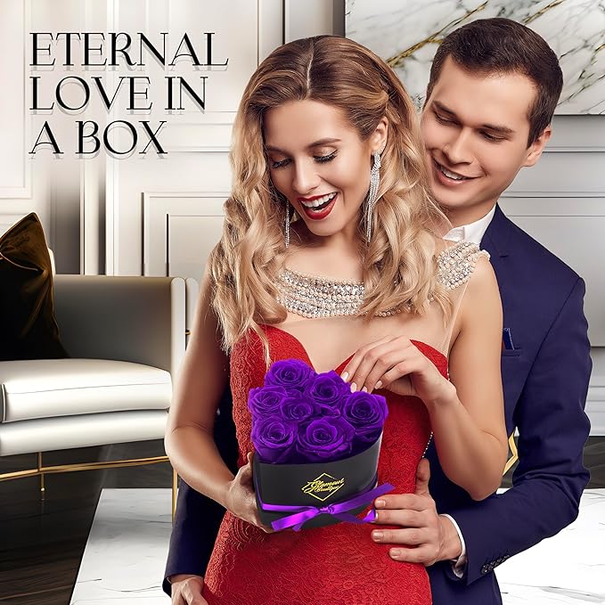 GLAMOUR BOUTIQUE 7 Flower Forever Heart Shape Box, for Mom, Eternal Preserved Roses Gift for Her, Him, Lasting Flowers Bouquet, for Birthday, Anniversary, Purple (Color-Treated)