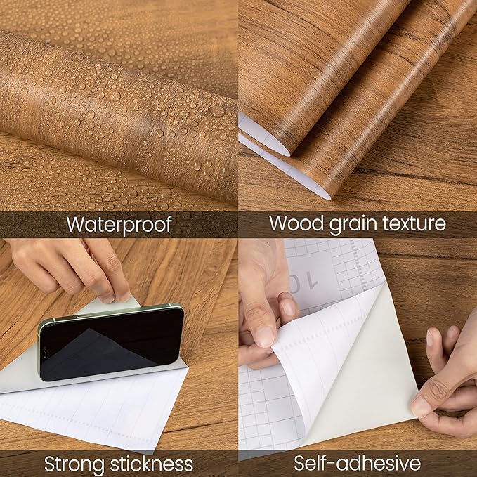 COSNIGHT Wood Grain Contact Paper with Tools, Peel and Stick Wallpaper, Self Adhesive Wall Paper for Countertop Drawer Shelf Liner Cabinet Easy to Clean 15.7In x 196In