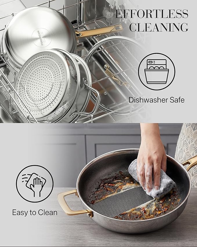FogDream Titanium Non Stick Frying Pan, 10in Tri-Ply Stainless Steel Deep Saute Pan, All-in-One Cookware Set(Spatulas&Steamer), Stay Cool Handle, Dishwasher & Oven-Safe,Induction Compatible,Gold