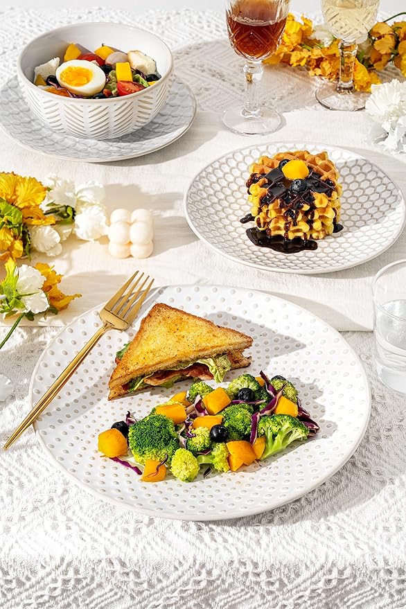 FOBENTA 24-Piece Ceramic Dinnerware Set,Large Plates and Bowls Set for 6,Elegant Dish Set for Families & Entertaining–Microwave & Dishwasher Safe Tableware (Double Bowl)