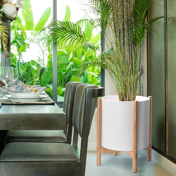 D'vine Dev Plastic Pot with Natural Wood Stand, White, 16 in, 55-C-Y-1 | Mid-Century Inspired Design, Elevated Plant Display, Clean Lines, Sturdy Support, Modern Space-Saving Style