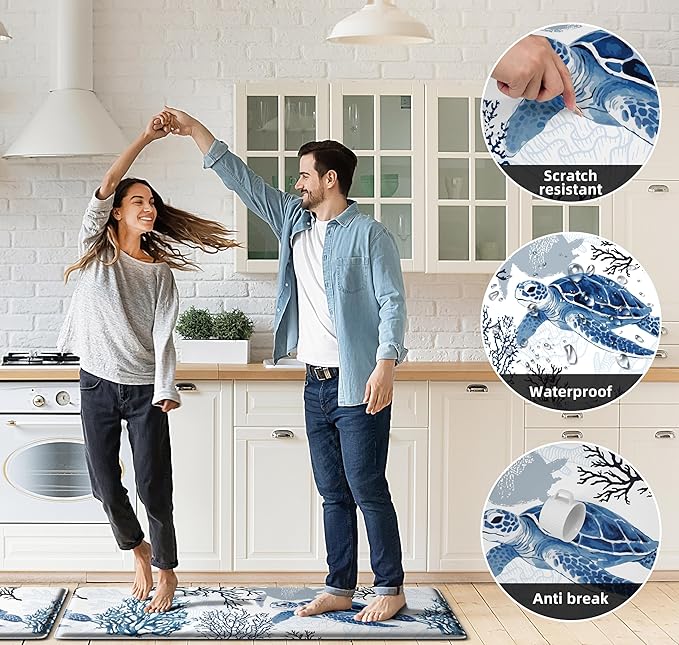 Coastal Beach Kitchen Floor Mat Rugs Nautical Decorative Coral Sea Turtle Kitchen Rugs Anti Fatigue Mats Non-Slip Comfort Standing Cushioned for Kitchen 17.3" 28" + 17.3" x 47" Set 2 Pcs Navy Blue
