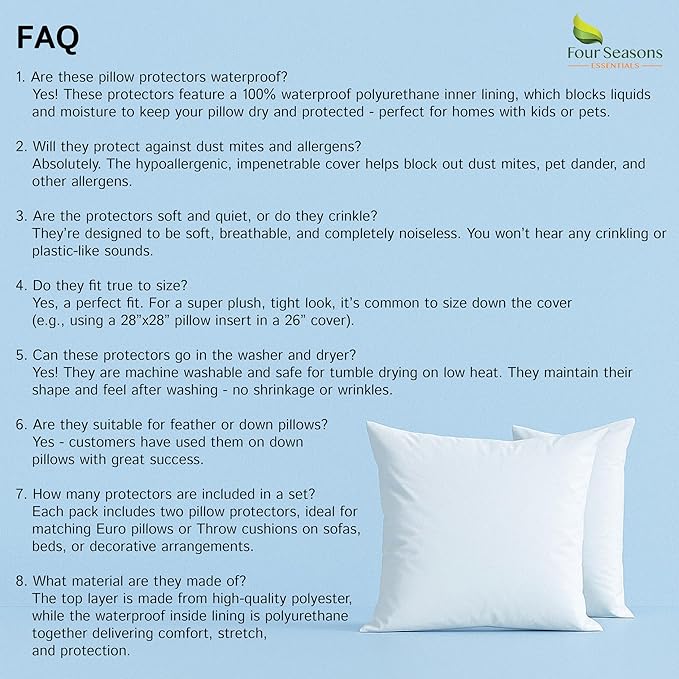 Euro Size Pillow Protectors (Set of 2) - European Square 26x26 Pillow Covers Waterproof Hypoallergenic Dust Proof Zippered Encasement