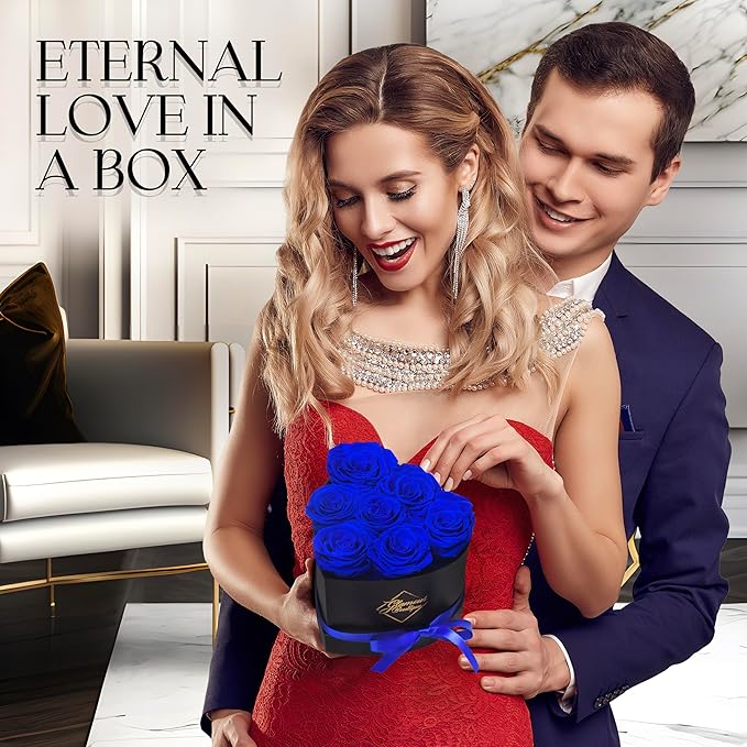 GLAMOUR BOUTIQUE 7 Flower Forever Heart Shape Box, for Mom, Eternal Preserved Roses Gift for Her, Him, Lasting Flowers Bouquet, for Birthday, Anniversary, Blue (Color-Treated)