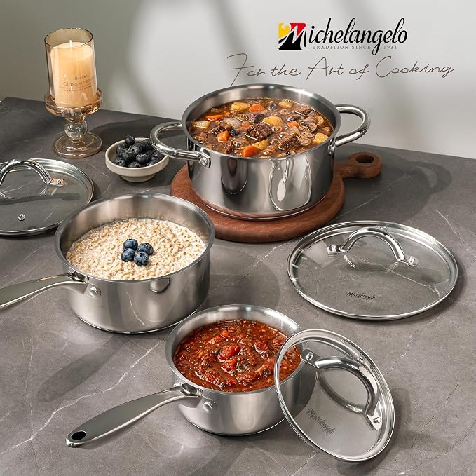 MICHELANGELO Saucepan Set 6pc, 18/10 Stainless Steel Saucepans with Lids, Tri-Ply Bottom, Dual Handle 3QT, Induction Compatible Sauce Pots, 1QT & 2QT & 3QT