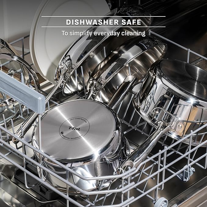 T-Fal Pro Tri-Ply Stainless Steel Sauce Pan with Lid, 2 Quart Saucepan with Lid, Induction Pot, Oven Safe 500F, Lid-350F, Fast & Even Heat, Professional Quality & Durability, Silver