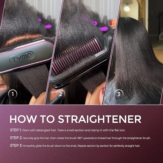 TYMO Flat Iron Hair Straightener Brush 2 in 1, 200M Ions Hair Straighteners for Women, Ceramic Straightening Hot Comb for Anti-Frizz Straights, Waves, Curl, 3X Less Heat Damage, Dual Voltage, Black