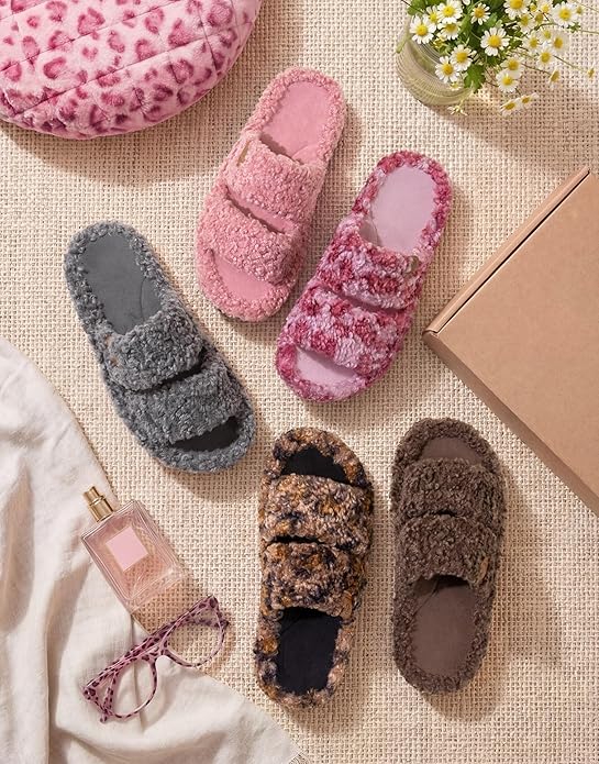 EverFoams Womens Fuzzy Open-toe Slippers Soft Comfy Memory Foam Indoor House Shoes