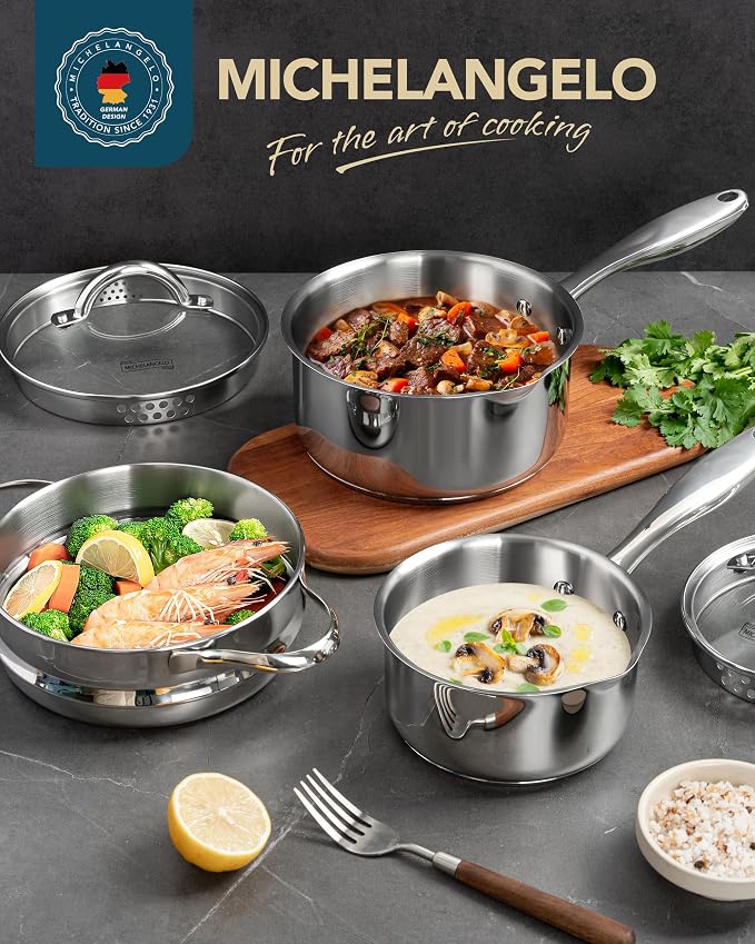 MICHELANGELO Stainless Steel Sauce Pot Set with Steamer 5Pcs, 18/10 Saucepan Set with Pour Spout & Strainer Glass Lids, Sauce pan with Triply Bottom Induction Compatible - 1QT & 2QT