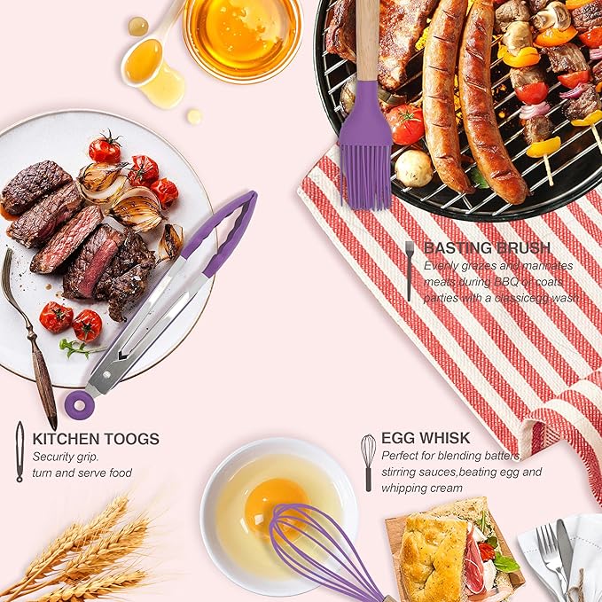 Kitchen Utensils Set 12 Pieces Nonstick Silicone Cooking Utensils Wood Handle Silicone Cooking Utensils Set with Holder Dishwasher Safe BPA Free (Purple)