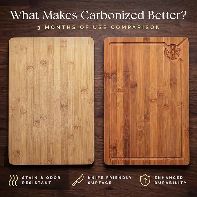 Pre-Oiled, Non Toxic 3-Piece Carbonized Bamboo Cutting Board Set, Eco-Friendly Wooden Chopping Boards for Kitchen with Hanging Hole, 500°F Carbonized Technology Charcuterie Serving Boards Deer & Oak