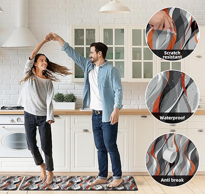 Kitchen Mats for Floor Modern Abstract kitchen rugs Grey and Orange Stripe Anti Fatigue Kitchen Mats Waterproof Floor Mats Cushioned Non-Skid Standing Mats for Kitchen, Set of 2,17.3 x 28+17.3 x 47