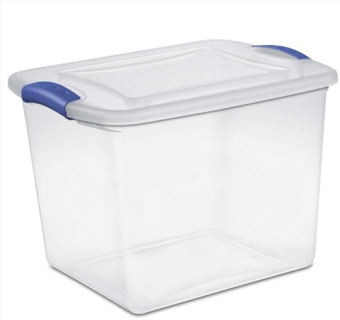 4 Pack 27 Quart Clear Medium Latching Storage Bins, Stackable Plastic Containers With Color-Accented Latches, BPA-Free Organizers For Closet Shelving, Household Items & Dorm Use