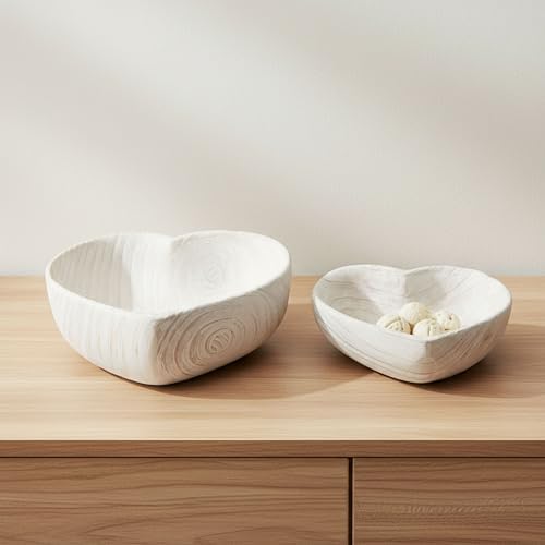 Paulownia Wood Decorative Bowls – Accent Bowl Set for Catch-All Storage, Table or Shelf Styling in Living Room or Bedroom – Heart Shape Decorative Character Detail, Home Decor – 9"&10", White Finish