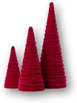 Set of 3 Cranberry Velvet Cones Modern Christmas Tree (Cranberry)