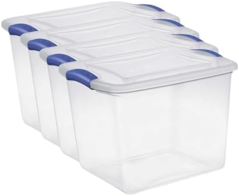 4 Pack 27 Quart Clear Medium Latching Storage Bins, Stackable Plastic Containers With Color-Accented Latches, BPA-Free Organizers For Closet Shelving, Household Items & Dorm Use