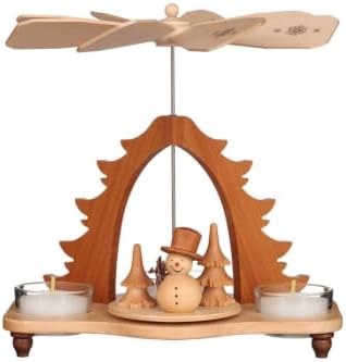 HomeStock Wooden Christmas Pyramid with Snowman Scene, Rotating Blades, Natural Wood Finish