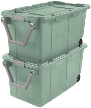 2-Pack 40 Gallon Wheeled Storage Bins With Latching Lids And Pull Handles, Heavy-Duty Rolling Totes For Garage Moving And Organization, Green